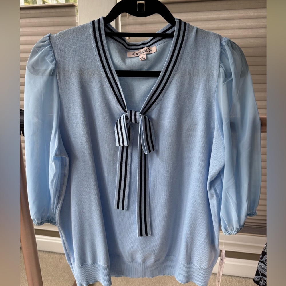 NWT Nanette Lepore Light Blue Tie-Neck Puff Sleeve Top